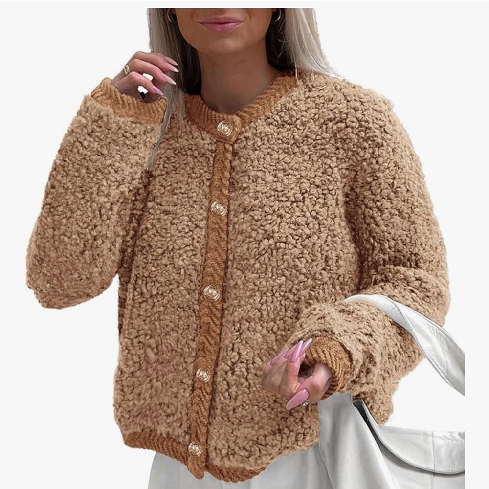 PrettyGarden Teddy Coat Fuzzy Fleece Button up Shearling Cropped Jacket M